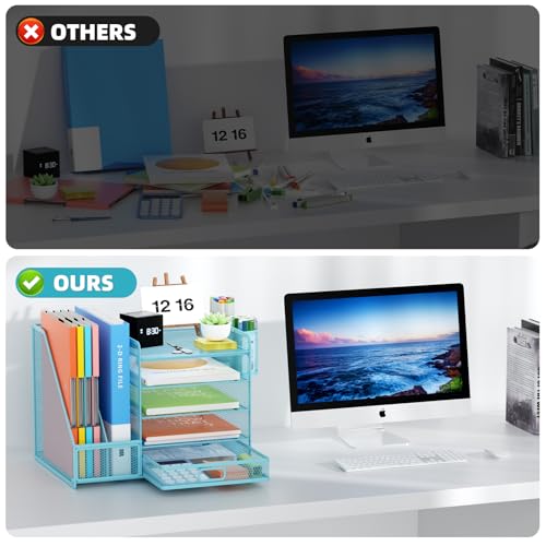 Image of Marbrasse Desk Organizer with File Holder, 5-Tier Paper Letter Tray Organizer with Drawer and 2 Pen Holder, Mesh Desktop Organizer and Storage with Magazine Holder for Office Supplies(Blue)