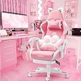 Vigosit Cat Ears Gaming Chair - Pink PU Leather Ergonomic Reclining Office Chair with Footrest, 310lb Capacity, 6-Position Recline, 360° Swivel