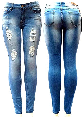 J&C 1826 Womens Blue Denim Stretch Jeans Destroy Skinny Ripped Distressed Pants