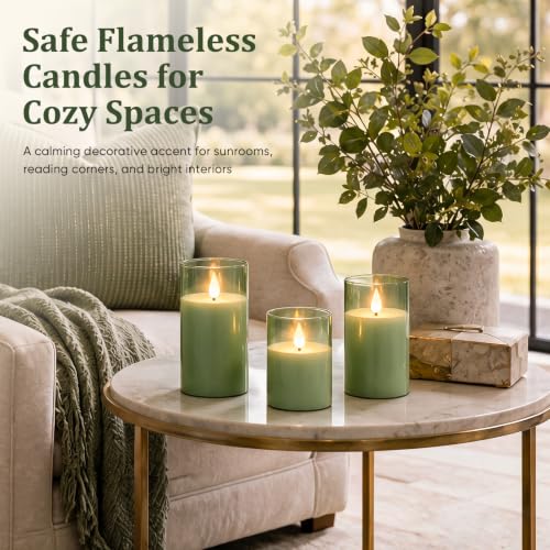Image of Homemory Sage Green Flameless Candles, Acrylic LED Pillar Candles with Remote Timer, Set of 3
