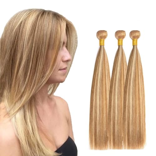 Luxvogue Bundles Human Hair 16 18 20 Inch Straight P27/613 Brown Blonde Human Hair Bundles Unprocessed Raw Brazilian Virgin Remy Quick Weave for Black Women