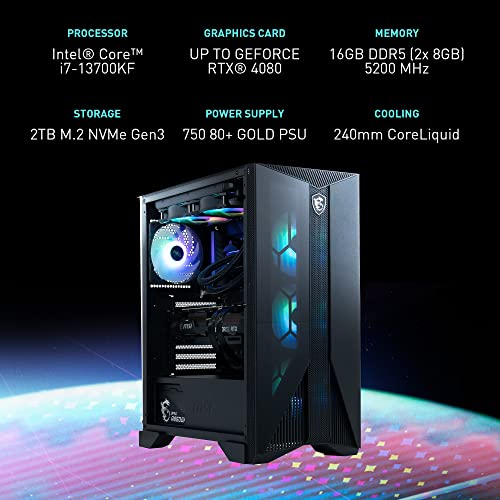 Image of MSI Aegis RS Gaming Desktop: Intel Core i7-13700KF, GeForce RTX 4080, 16GB DDR5, 2TB M.2 NVMe, Liquid Cooling, 80+ Gold PSU, WiFi 6E, Keyboard & Mouse, DIY Friendly, Windows 11 Home: 13NUG-427US