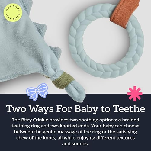 Itzy Ritzy - Bitzy Crinkle Sensory Toy Fox with Crinkle Sound for Babies & Toddlers - Features Soft Braided Teething Ring & Textured Ribbons, Designed for Ages 0 Months and Up, Dinosaur by Itzy Ritzy - Image 4
