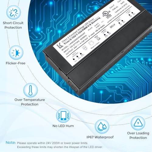 Image of 24V 200W Dimmable LED Driver, 5-in-1 Triac /ELV /MLV /0-10V /1-10V /PWM /V-R Dimming AC to DC Power Supply, IP67 Waterproof LED Transformer, UL Listed, Compatible with Lutron & Leviton Dimmer