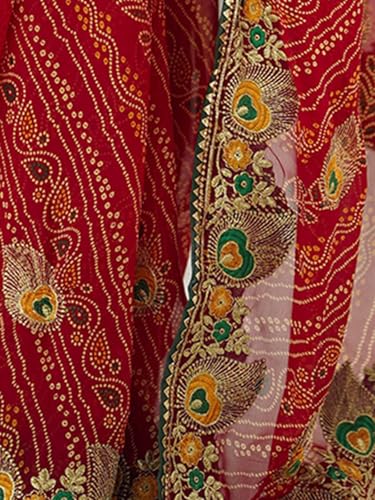 Image of Satrani Women's Georgette Bandhani Printed Embroidered gota lace Saree with Unstitched Blouse Piece