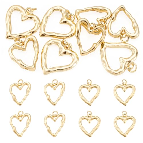 FASHEWELRY 8Pcs 18K Gold Plated Heart Charms Golden Brass Heart