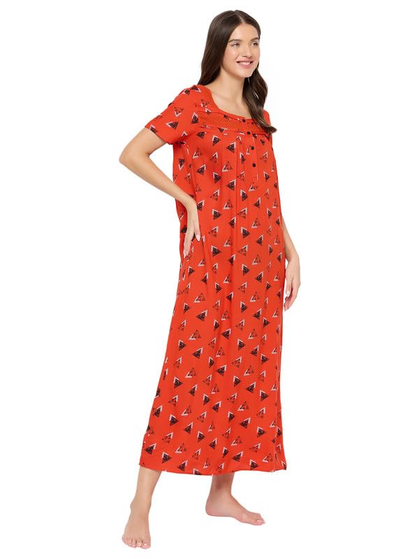 Image of Clovia Women's Rayon Printed Long Night Dress- red