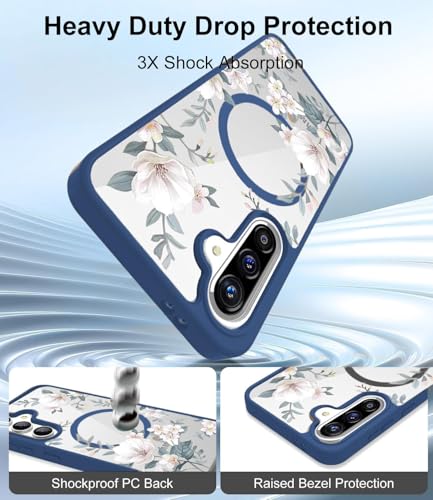 Image of VONZEE Compatible with Samsung Galaxy A57 5G Back Case Luxury Retro Flowers Floral Clear for Magnetic Wireless Charging Case Shockproof PC+TPU Cute Glossy Shiny Cover for Girls Women, Blue
