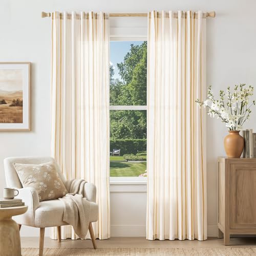 Vangao Striped Curtains Yellow on White Semi Sheer Curtains 84 Inches Long for Living Room Bedroom Modern Farmhouse Linen Textured Light Filtering Drapes 2 Panels Mustard Yellow W50 x L84 Inch