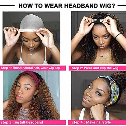 Image of Celiarita Highlight Ombre Headband Wig Deep Wave Human Hair Wigs #4 /27 Glueless 150% Density None Lace Front Machine Made Brazilian Virgin Deep Curly Human Hair Half Wigs for Black Women 12 Inch