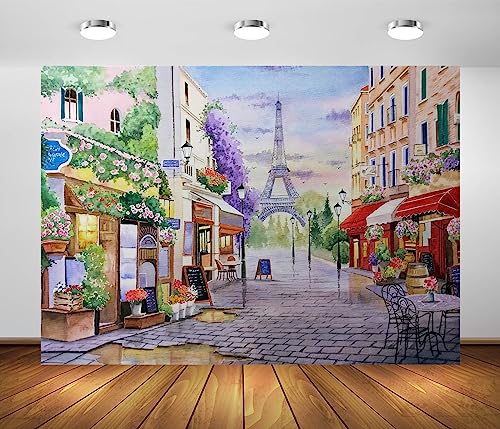 BELECO 2.1x1.5m Toile de Fond en Tissu Aquarelle avec Vue sur la Ville de Paris,Toile de Fond de la Tour Eiffel,Rue,café,Magasin,Restaurant,allées...