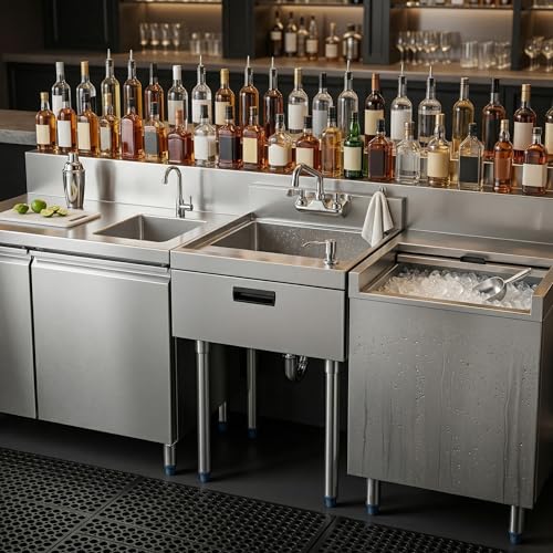 Image of 22.5 in. x 18 in. Stainless Steel Underbar Hand Sink with Soap and Towel Dispensers, 14 in. x 16 in. Bowl, Faucet, and Drain Basket