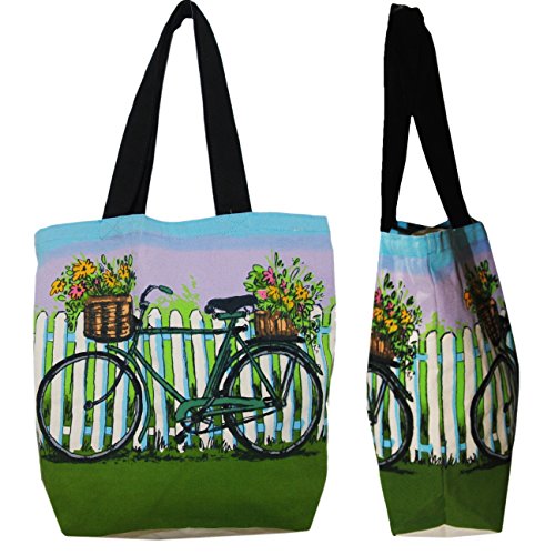 Shopper Tote Bag - Bike and Flowers Illustrated,