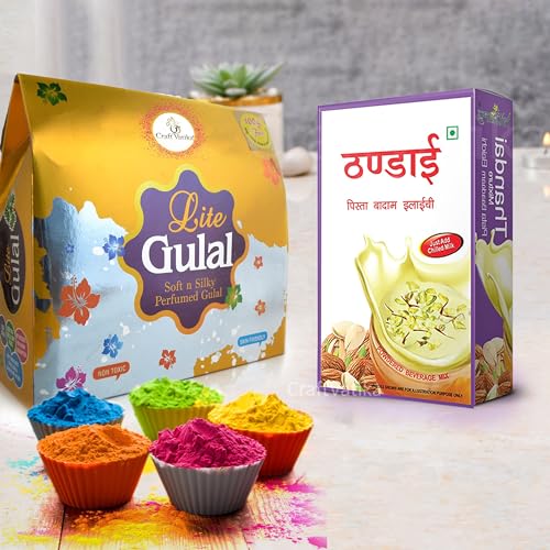 Image of CraftVatika Gopal Ji Thandai Powder With Holi Gulal Colour- With Badam - Pack Of 5 - 300Gram Perfumed Holi Colours,100Gm Thandai Powder - Set Of 4 Natural Shaded Orange,Yellow,Pink Green