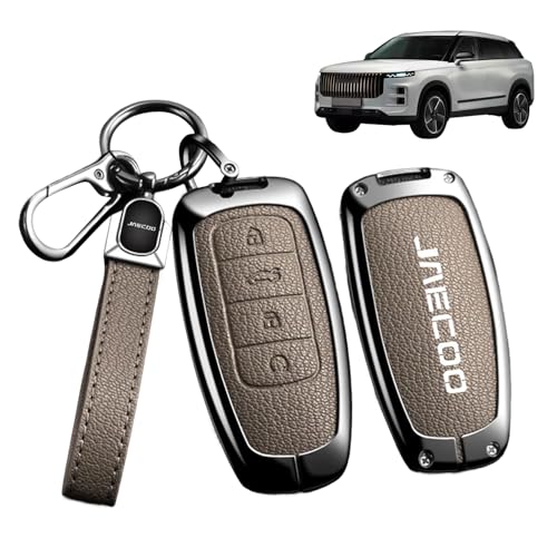 Jaecoo 7 Key Fob Holder Lychee Grain Leather for Jaecoo 7 Car Accessories Ultimate Key Security for Omoda 5 Key Holder Universal Fit with Zinc Alloy Construction Key Cover Car Key Cover (Khaki)