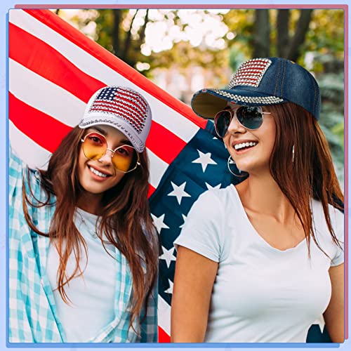Tarpop 2 Pieces American Flag Bling Baseball Cap Adjustable Usa Flag Hip Hop Hat Rhinestone Cowboy Hat Patriotic American Hats For Women Men 4 Of July Hat White, Navy Blue #TOP4