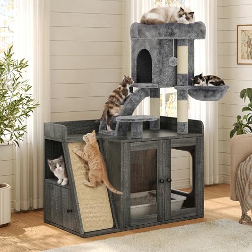 Litter Box Enclosure with Cat Tree, Hidden Litter Box with Led Light, Sisal Scratching Board and Storage Space, Modular Litter Box Furniture with Condo and Platform, All-in-one Cat Tower, Grey
