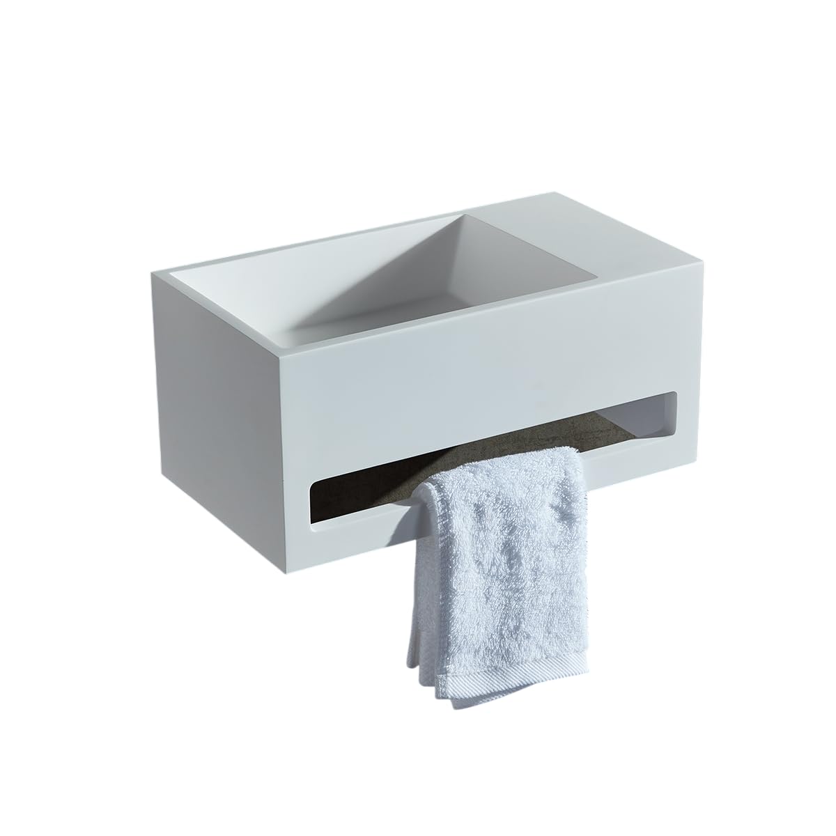BERNSTEIN - Vasque Lavabo Rectangulaire suspendu Blanc mat 60x40x20cm Lave main mural fonte minérale + Porte-serviette & Bonde sans cache - Etagère à droite - Design, Robuste & Durable - TWG02