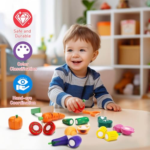Wooden Play Food Set for Toddlers Toys Pretend Play Kitchen Accessories Veggies Cutting Set for Kids Gift for Boys Girls Montessori Educational Toys — view 4