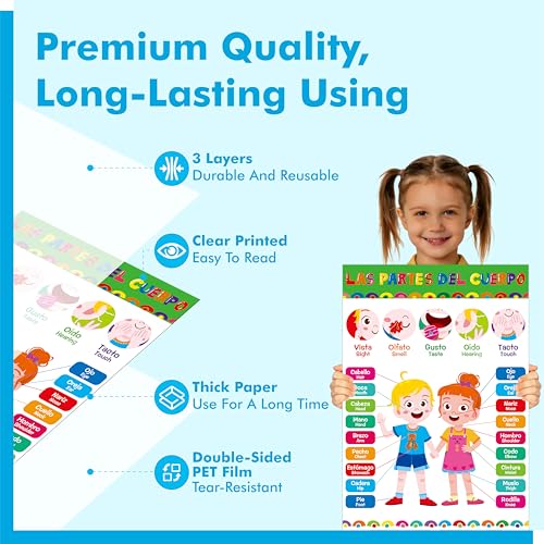 Image of 17 Spanish & English Posters, Thick Elementary Bilingual Poster Set, Waterproof & Tearproof with PET Film, Early Learning Tool, Dual Language Educational Posters for School Supplies, Classroom Decor