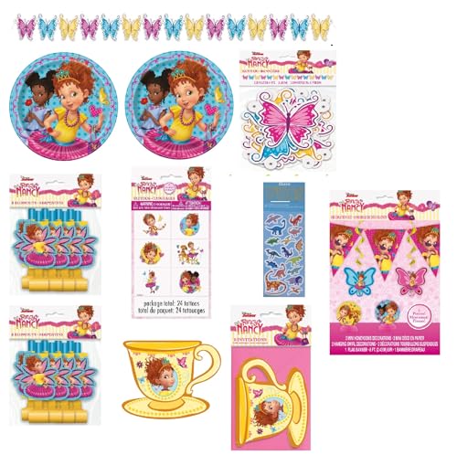 Disney Nancy Fancy Birthday Party Supplies Bundle includes 16 Plates, 16 Blowouts, 16 Invitations, 1 Banner, 5pc Kit with 1 Flag Banner, 2 Honeycomb Table Decoration, 2 Hanging Swirls, 24Tattoos