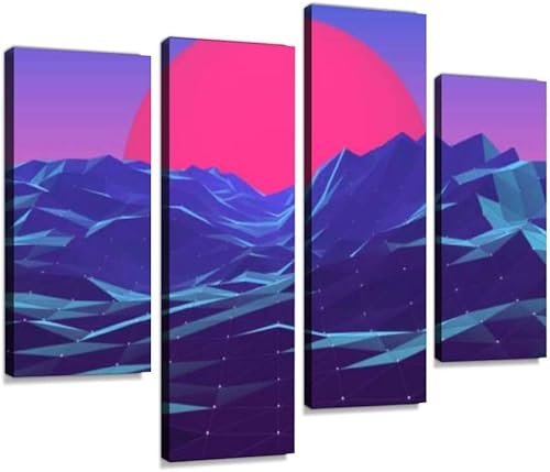 IGOONE 4 paneles de pinturas en lienzo  polígono retro vaporwave atardecer montañas abstractas  Arte de pared moderno pósteres enmarcados listos