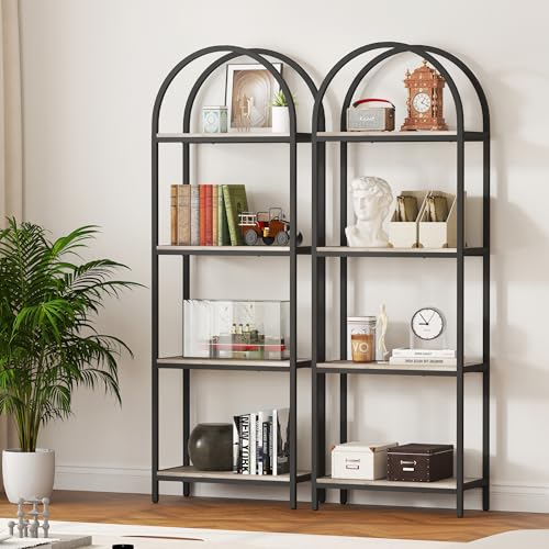 Image of Yusong Bookshelf 4 Tier Arched Bookcase, 71.3 inch Tall Industrial Open Book Shelves for Living Room, Modern Freestanding Display Shelving Storage Rack Metal Frame, Office, Bedroom, Grey
