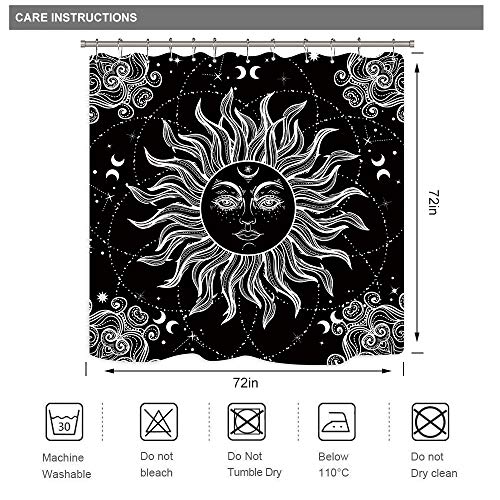 Riyidecor Mandala Celestial Shower Curtain 72X72 Inch Vintage Boho Sun Moon Black White Chic Mystic Universe Starry Sky Polyester Waterproof Home Bathroom Decor 12 Pack Plastic Hooks #TOP5