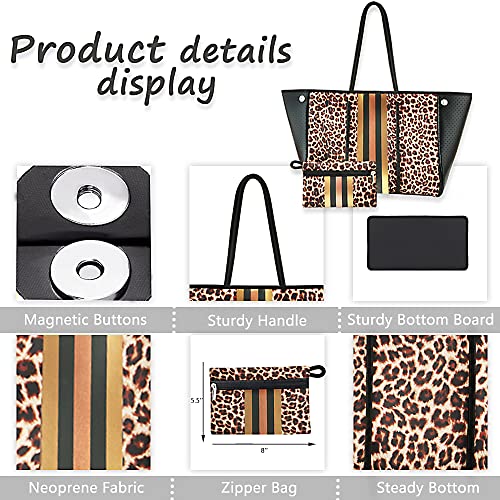 Neoprene Tote Bag, Beach Bag Waterproof Sandproof, Tote Bag for Women, Large Tote Bag with Portable Wallet for Beach, Swimming, Gym bag, Travel bag （Leopard Print）4