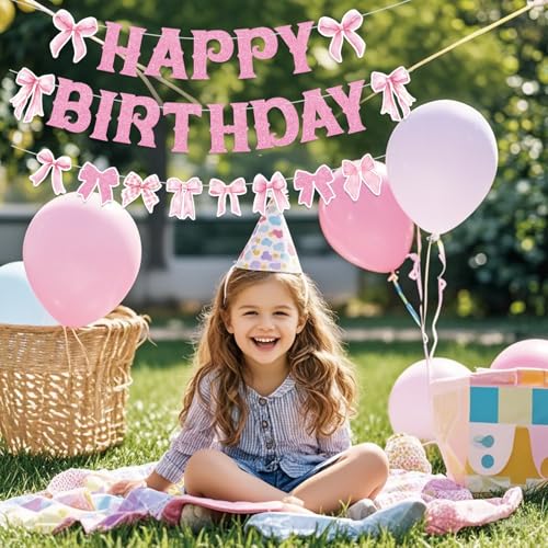 Image of Pink Bow Happy Birthday Banner for Coquette Party Decorations Bow Garland Bunting for Girls Party Decor Favor Supplies