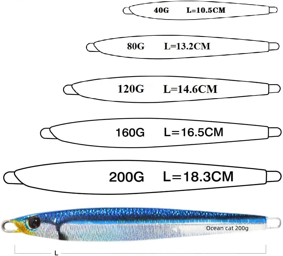OCEAN CAT Lead Metal Flat Slow Fall Pitch Fishing Jigs Lures Sinking Vertical Jigging Bait with Butterfly Hook for Saltwater Fishing Size 40g 80g 120g 160g 200g