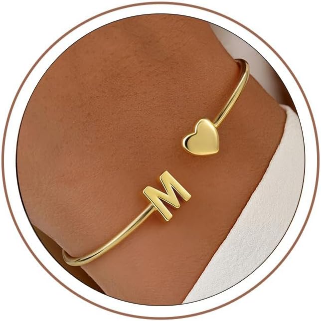 Turandoss Teen Girl Gifts Trendy Stuff - Dainty 14K Gold Plated Letter A-Z Initial Heart Cuff Bangle Bracelets, Gifts for Women Her Mom Daughter Sister Friend Teens Birthday Jewelry Gifts