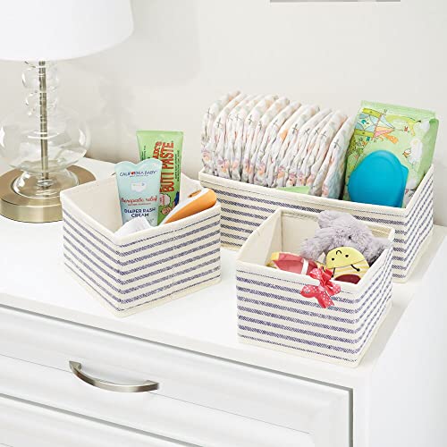mDesign Fabric 3-Piece Divider Drawer Organizer Bin, Nursery Dresser, Closet, Shelf, Changing Table Organization, Hold Clothes, Toys, Diapers, Bib, Blanket, Lido Collection, Natural/Cobalt Blue Stripe - Thumbnail 2