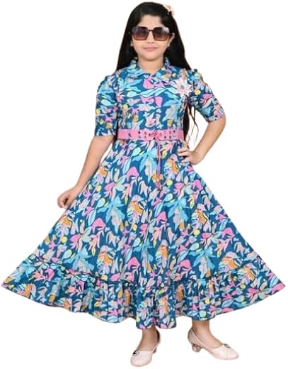 A-lien Kid Girls Long Cotton Blend Blue Floral Style Frock Dress| Comfortable, Breathable, Lightweight, Skin Friendly|SL_353