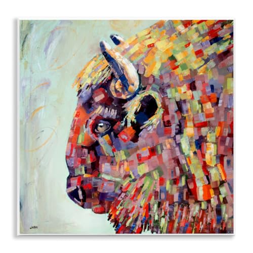 Mosaic Bison Portrait Rustic, 12 x 12 Inch Mounted Print on Wall Plaque