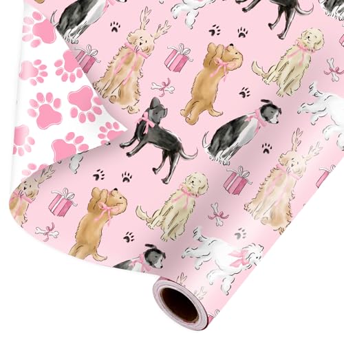 FYSUIMU Cute Dog with Bow Wrapping Paper -Mini Roll- 17 In x 32.8 Ft Puppy Dog Paw Print Double Sided Gift Wrap Paper for Holiday Birthday Baby Shower Party