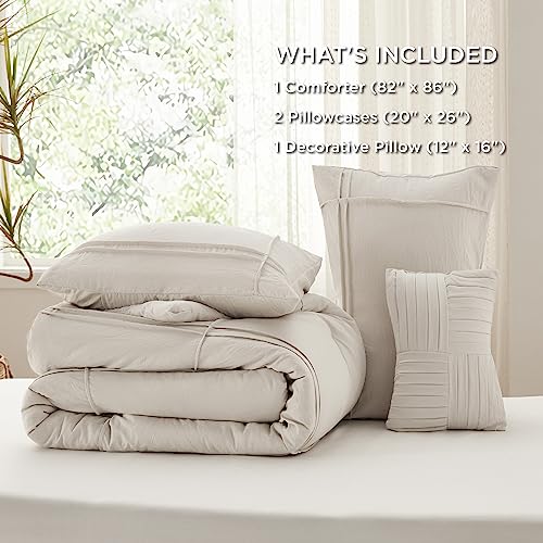 Image of Bedsure Full Comforter Set - 4 Pieces Grid Pleat Bed Set, Beige Boho Bedding for All Season, 1 Soft Comforter, 2 Pillowcases, 1 Decorative Pillow