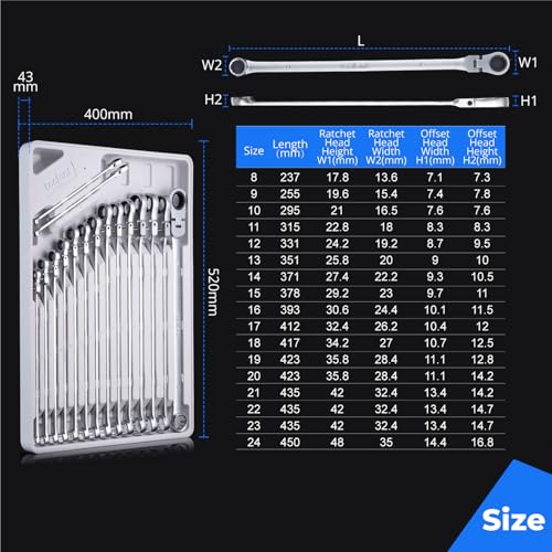 Image of toolant Extra Long Ratcheting Wrench, Flex Head & Fixed Offset Head Double Box End Combination Wrench, CR-V Steel, Metric 16mm