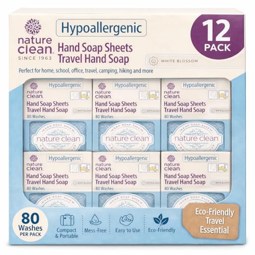Image of Nature Clean Travel Hand Soap Sheets - Non-Toxic, Hypoallergenic, Completely Dissolvable, Ideal for Home School Traveling Camping and more 80 Count (Pack of 12)