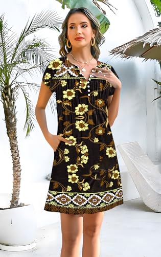 Image of Disamer Womens Casual Dresses Short Sleeve Summer Dresses 2026 Boho Floral Beach Sundresses Spring A-Line Dress with Pockets,Floral Yellow,X-Large