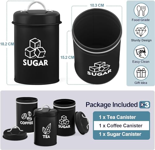 Homikit Tea Coffee Sugar Canisters Set of 3, Metal Food Storage Jars with Airtight Lids, Decorative Kitchen Storage Tins for Farmhouse/Countertop Décor, Sturdy & Easy To Clean, Retro Design - Black - Cosy Home Interiors Homikit Tea Coffee Sugar Canisters Set of 3, Metal Food Storage Jars with Airtight Lids, Decorative Kitchen Storage Tins for Farmhouse/Countertop Décor, Sturdy & Easy To Clean, Retro Design - Black - Image 2
