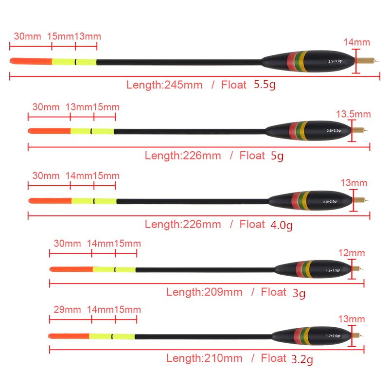 Set Di 5 Galleggianti Da Pesca In Rame E Abete - Pesi 15-30 G, Lunghezze 25-28.5 Cm, Per Diverse Condizioni