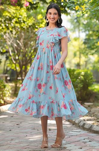Image of Janasya Women's Georgette Floral Printed Tiered Dress