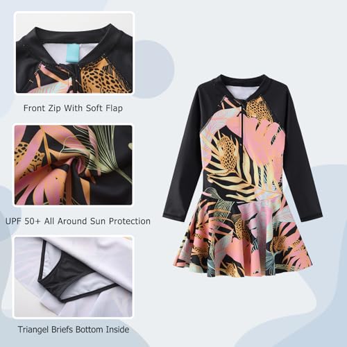 Image of Aisyee Girls One Piece Swimsuits Swim Dress for Girls Long Sleeve Rash Guard Bathing Suits Hawaiian Skirt Swimwear 3-16 Years