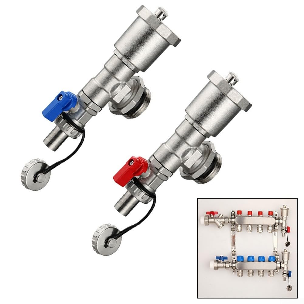 Distribuidor de calefacción, purgador automático de latón G1 DN25 con grifos de drenaje rápido, ventilación de aire de temperatura máxima de 120 °C para sistemas comerciales residenciales (rojo + azul