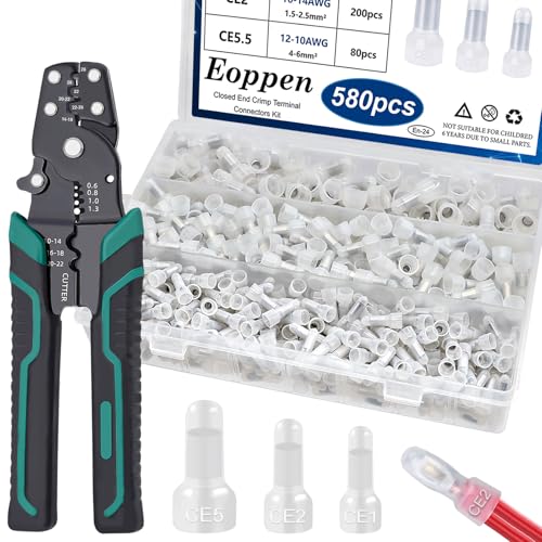Eoppen 580Pcs Closed End Crimp Connector with Wire Stripper Crimping tool 22-16, 16-14, 12-10 AWG Nylon Wires Connector Crimp Wire Nuts for Electrical Equipment, Audio Wires Connectors