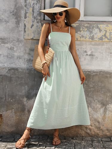 Image of Caracilia Womens Maxi Dresses Gingham Spaghetti Strap Back Smocked Flowy Long Sundress Summer Beach Vacation Clothes 2026
