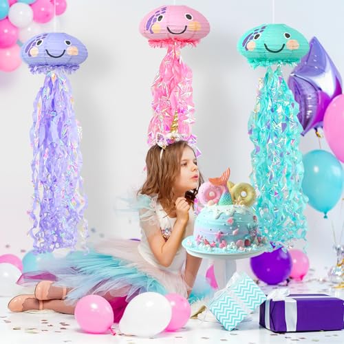 Image of Jelly Fish Paper Lanterns Set, 6Pcs Jellyfish Hanging Lantern for Mermaid Under The Sea Ocean Birthday Party Decorations Baby Shower Room Decor(6Pcs)