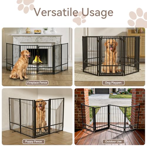 SNUOWU Full Metal Freestanding Dog Gate with Door, 32''Height Foldable Pet Dog Fence for Indoor & Outdoor, 4 Panels Extra Wide Free Standing TallDog Gates for Doorways,House,Stairs,Porch,Deck,Yard - Thumbnail 7