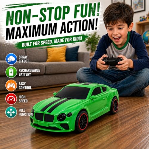 Image of The Flyers Bay Famous Millionaire Remote Control Car for Kids 4+ with Music, 3D Lights, Water Spray, Rechargeable Battery, 7 Function RC Toy Car with Type-C Charging (Green)